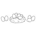 Easter eggs in birds nest. Cartoon image doodle for coloring. Lineart sketch Royalty Free Stock Photo