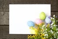 Easter eggs and blank note on wooden background Royalty Free Stock Photo