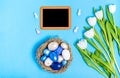 Easter eggs of blue flowers in a nest of straw, chalk board, decorative clothespins and a bouquet of white tulips on a blue Royalty Free Stock Photo