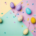 easter eggs on a blue and pink background. Generative AI