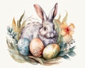 Easter Eggs Boho Sketch White Rabbit Sitting Nest and Flowers Illustration Streaming Magic Frozen Ice City Egg Watercolor Praise