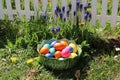 Easter eggs in a bowl in a garden