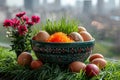 Easter eggs in a bowl with red caviar and green grass