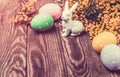 Easter eggs branch mimosa and white rabbit Royalty Free Stock Photo