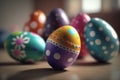 Easter eggs in bright colours on a table. Royalty Free Stock Photo