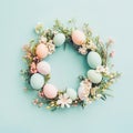 Easter eggs and bright flowers arranged on a pastel blue surface, symbolizing spring and Easter. Flat lay, overhead shot Royalty Free Stock Photo