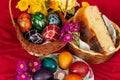 Easter eggs and Easter bun with flowers - red background