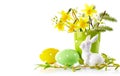 Easter eggs with bunch spring flowers narcissus Royalty Free Stock Photo