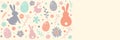 Easter eggs, bunnies and flowers on white background with copyspace. Layout of postcard. Banner. Vector Royalty Free Stock Photo