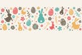 Easter eggs, bunnies and flowers on white background with copyspace. Layout of postcard. Vector Royalty Free Stock Photo