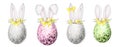 Easter eggs with Bunny ears and floral crown set isolated Watercolor illustration on white background. Hand painted Royalty Free Stock Photo