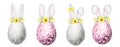 Easter eggs with Bunny ears and floral crown set isolated Watercolor illustration on white background. Hand painted Royalty Free Stock Photo