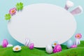 Easter eggs bunny ears grass large white ellipse for text