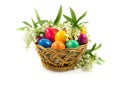 Easter eggs in busket on green gras isolated food holiday postcrd