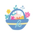 Easter eggs and cake in a blue basket with flowers, plants and a bow on a white background. Vector illustration in a Royalty Free Stock Photo