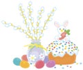 Easter eggs, a cake and willow branches Royalty Free Stock Photo