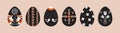 Easter eggs. Cartoon egg decoration with Ukrainian pattern design, flower bird horse bunny elements. Vector modern set