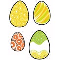 Easter eggs and celebratory food, painted eggs. Beautiful bright yellow and orange, green drawings.