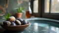 Easter eggs in a ceramic bowl on a stone table. Selective focus Royalty Free Stock Photo