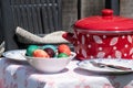 Easter eggs in ceramic bowl on table Royalty Free Stock Photo