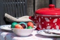 Easter eggs in ceramic bowl on table Royalty Free Stock Photo