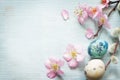 Easter eggs and cherry blossom retro blue background