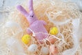 Easter, eggs, chicken eggs, colored eggs, hay, white eggs, Easter, holiday, toy hare, pink, peas, Easter rabbit Royalty Free Stock Photo