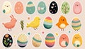 Easter eggs and chickens, watercolor stickers.