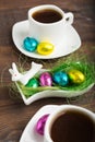 Easter eggs with chocolate like a dessert with two cups of coffee Royalty Free Stock Photo