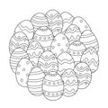 Easter eggs circle shape coloring page. Ornamental doodle eggs mandala for coloring book