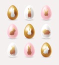 Easter eggs collection with modern design in golden, white and pink colors. Rabbit silhouettes on eggs. - Vector illustration Royalty Free Stock Photo