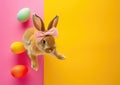 Easter eggs with colored decorations and easter rabbit with a bow jumps on a yellow and pink background Royalty Free Stock Photo