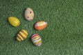 Easter eggs colored on grass  wide view or top view Royalty Free Stock Photo