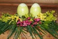 Easter eggs and colorfol flowers Royalty Free Stock Photo