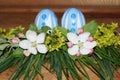 Easter eggs and colorfol flowers Royalty Free Stock Photo