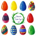 Easter eggs colorful beauty set whit yellow, orange, blue eastereggs and egss whit ornamental decorative elements