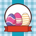 Easter eggs colorful painted checkered background round frame ribbon banner Royalty Free Stock Photo