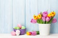 Easter eggs and colorful tulips bouquet Royalty Free Stock Photo
