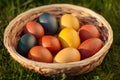 Easter eggs, coloured hen eggs in a wicker basket Royalty Free Stock Photo