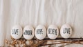 Easter eggs Composition. Egg name settings and happy easter message, drawn with pen. High Angle View Of Shells On Table. Love Live