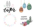 Easter eggs composition hand drawn black on white background. Decorative horizontal stripe from eggs with leaves and watercolor Royalty Free Stock Photo