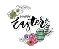 Easter eggs composition hand drawn black on white background. Decorative horizontal stripe from eggs with leaves and watercolor Royalty Free Stock Photo