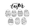 Easter eggs composition hand drawn black on white background. Decorative horizontal stripe from eggs with leaves and watercolor Royalty Free Stock Photo