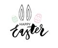 Easter eggs composition hand drawn black on white background. Decorative horizontal stripe from eggs with leaves and watercolor Royalty Free Stock Photo