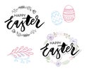 Easter eggs composition hand drawn black on white background. Decorative horizontal stripe from eggs with leaves and watercolor Royalty Free Stock Photo