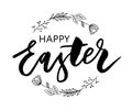 Easter eggs composition hand drawn black on white background. Decorative horizontal stripe from eggs with leaves and watercolor Royalty Free Stock Photo