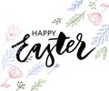 Easter eggs composition hand drawn black on white background. Decorative horizontal stripe from eggs with leaves and watercolor Royalty Free Stock Photo