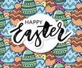 Easter eggs composition hand drawn black on white background. Decorative horizontal stripe from eggs with leaves and watercolor Royalty Free Stock Photo