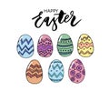 Easter eggs composition hand drawn black on white background. Decorative horizontal stripe from eggs with leaves and watercolor Royalty Free Stock Photo