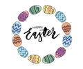 Easter eggs composition hand drawn black on white background. Decorative horizontal stripe from eggs with leaves and watercolor Royalty Free Stock Photo